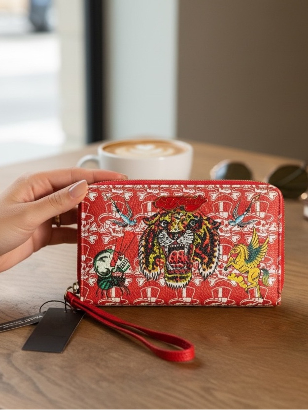 Ed Hardy Red Graphic Zip-Around Wristlet Wallet